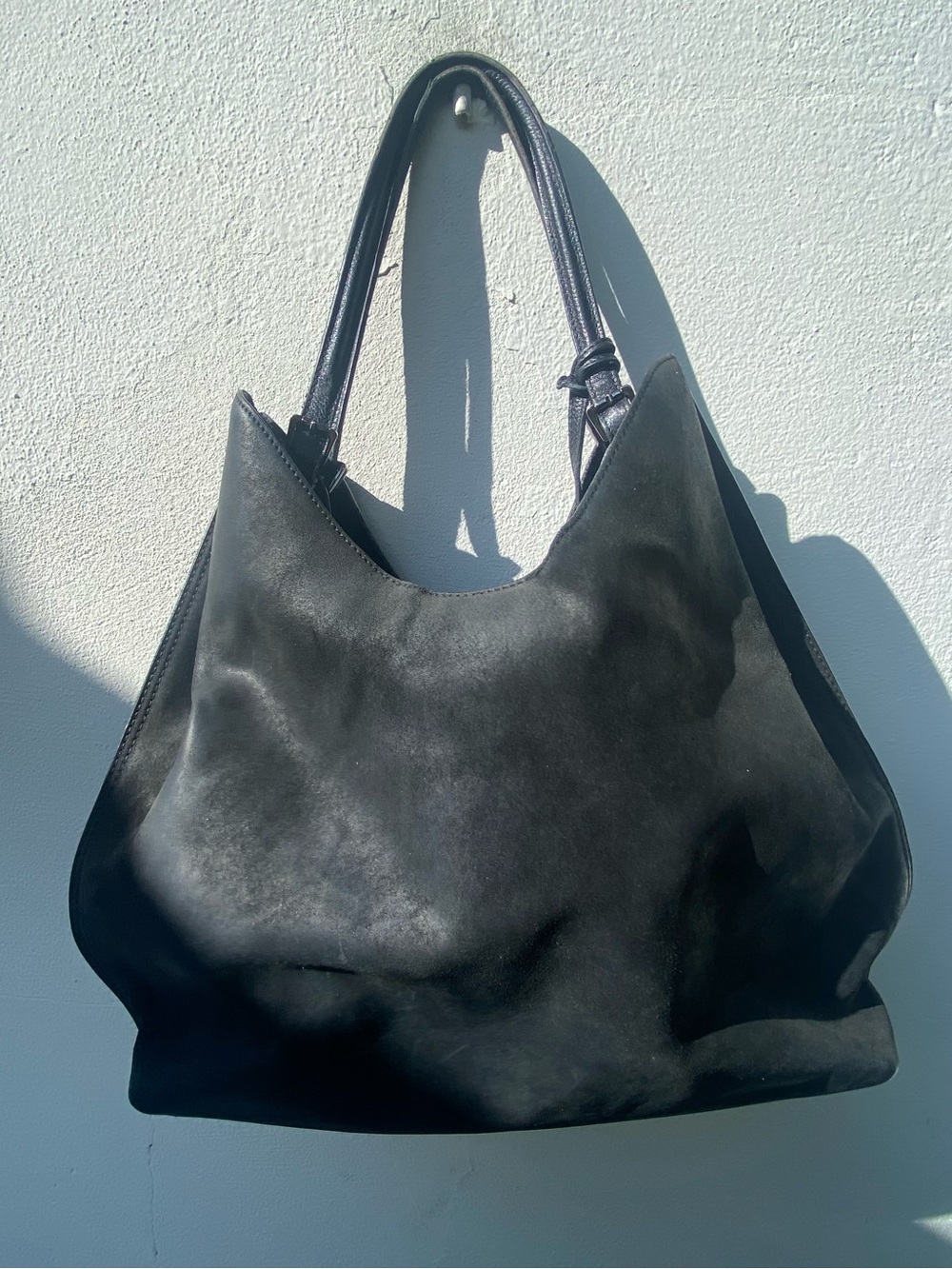 Structured Hobo Black Genuine Suede & Leather Shoulder Bag